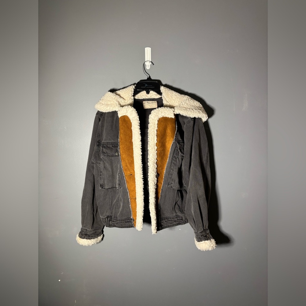 Free People We The Free Perry Hooded Denim Sherpa Jacket Size Large - Picture 2 of 5